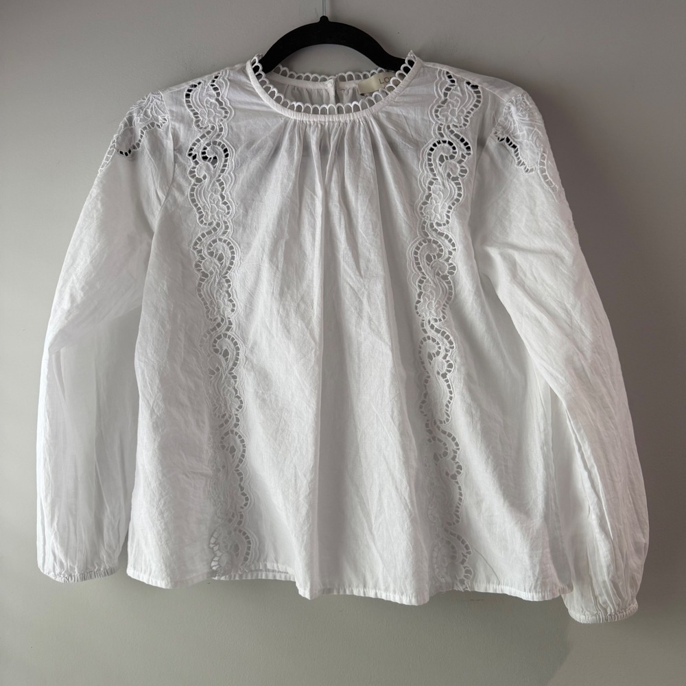 LOFT Eyelet Lace Blouse Womens XXSP White Excellent Long Sleeve Cotton Top
